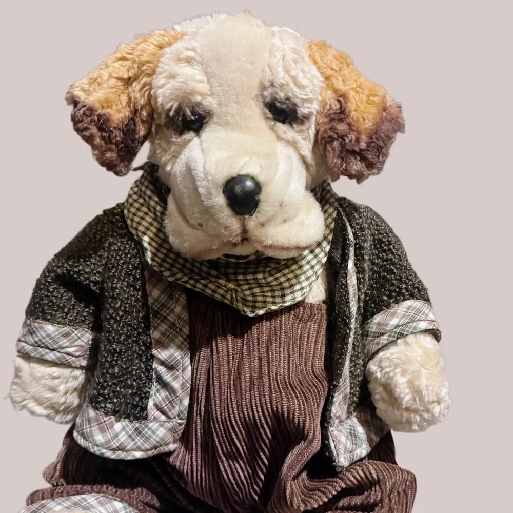 Vintage Y2K Hugfun Dog Plush Corduroy Overalls Green Plaid‎ Scarf Stuffed Animal